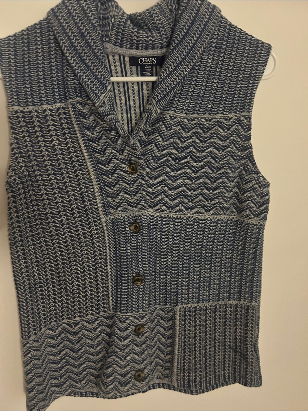 Chaps Blue and White Knit Shawl-Collar Button Vest - Picture 2 of 3